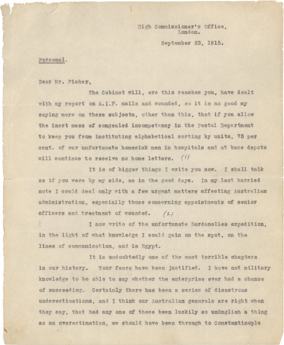 First page of the Gallipoli letter from Keith Arthur Murdoch to Andrew Fisher